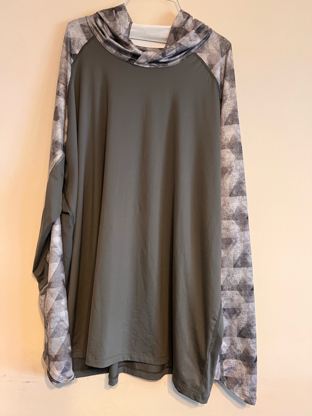 Olive Green Hooded Long Sleeve Top with Geometric Sleeves